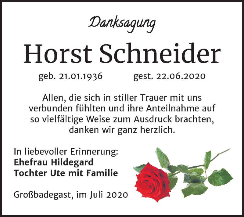  Traueranzeige für Horst Schneider vom 16.07.2020 aus Mitteldeutsche Zeitung Köthen