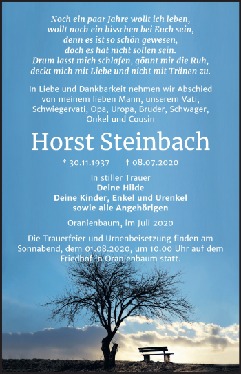 Traueranzeige von Horst Steinbach von Super Sonntag Wittenberg