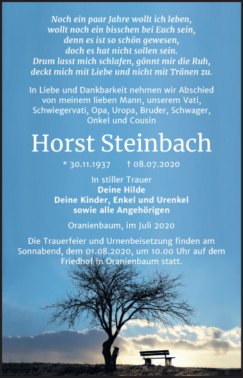 Traueranzeige von Horst Steinbach von Mitteldeutsche Zeitung Wittenberg