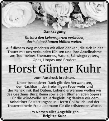 Traueranzeige von Horst Günter Kuhr von Super Sonntag Dessau-Roßlau