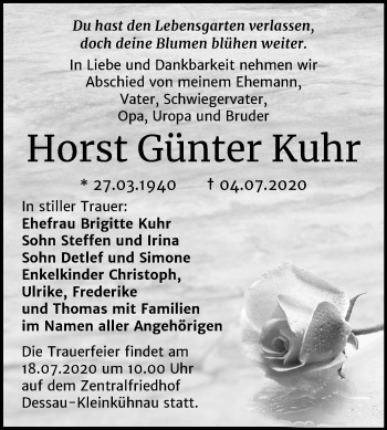 Traueranzeige von Horst Günter Kuhr von Super Sonntag Dessau-Roßlau
