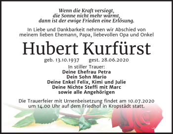 Traueranzeige von Hubert Kurfürst von Mitteldeutsche Zeitung Wittenberg