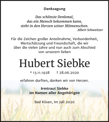 Traueranzeige von Hubert Siebke von Mitteldeutsche Zeitung Naumburg/Nebra