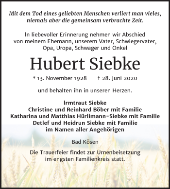 Traueranzeige von Hubert Siebke von Mitteldeutsche Zeitung Naumburg/Nebra