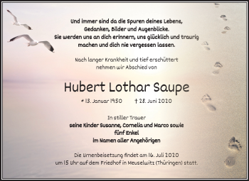 Traueranzeige von Hubert Lothar Saupe von Mitteldeutsche Zeitung Halle/Saalkreis