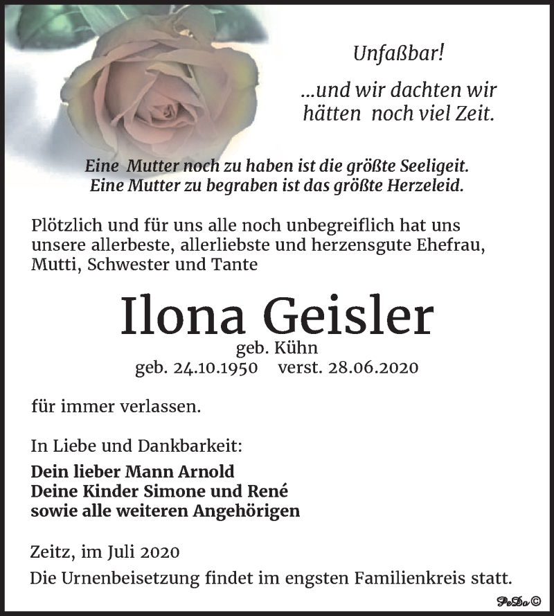  Traueranzeige für Ilona Geisler vom 04.07.2020 aus Mitteldeutsche Zeitung Zeitz