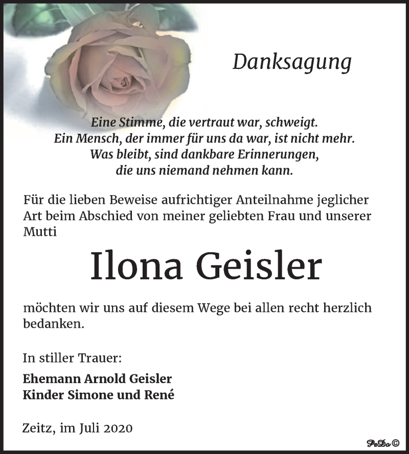  Traueranzeige für Ilona Geisler vom 25.07.2020 aus Super Sonntag Zeitz