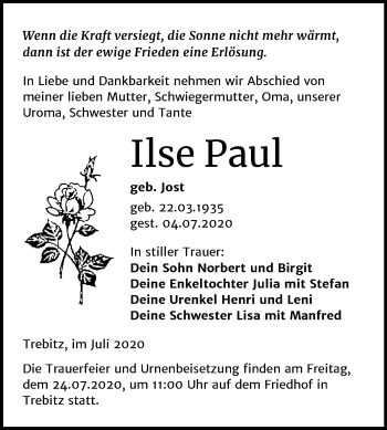 Traueranzeige von Ilse Paul von Super Sonntag Wittenberg