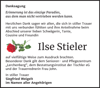 Traueranzeige von Ilse Stieler von Super Sonntag Wittenberg