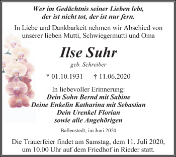 Traueranzeige von Ilse Suhr von Wochenspiegel Quedlinburg