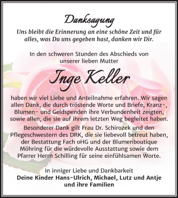 Traueranzeige von Inge Keller von Mitteldeutsche Zeitung Merseburg/Querfurt