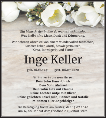 Traueranzeige von Inge Keller von Super Sonntag Merseburg/Querfurt