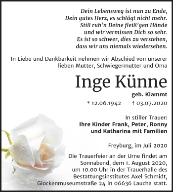 Traueranzeige von Inge Künne von Wochenspiegel Naumburg/Nebra