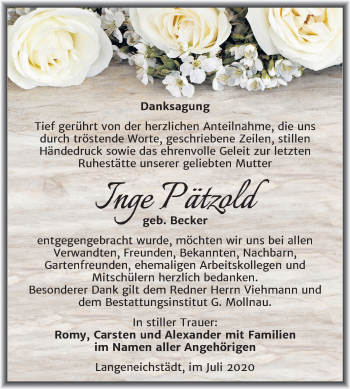 Traueranzeige von Inge Pätzold von Mitteldeutsche Zeitung Merseburg/Querfurt