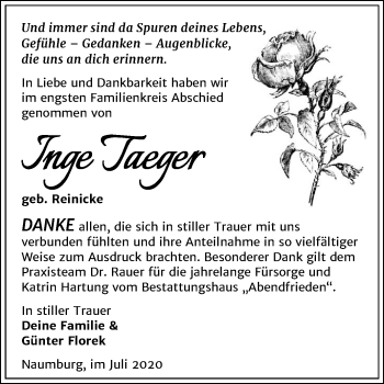 Traueranzeige von Inge Taeger von Wochenspiegel Naumburg/Nebra