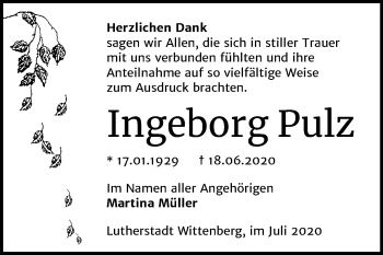 Traueranzeige von Ingeborg Pulz von Super Sonntag Wittenberg