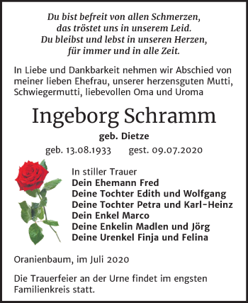 Traueranzeige von Ingeborg Schramm von Super Sonntag Wittenberg
