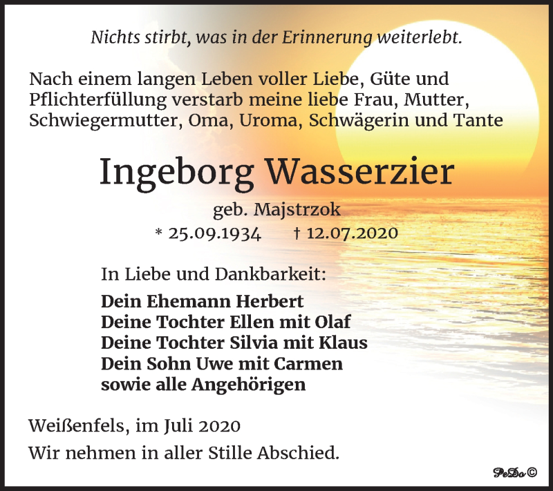  Traueranzeige für Ingeborg Wasserzier vom 18.07.2020 aus Mitteldeutsche Zeitung Weißenfels