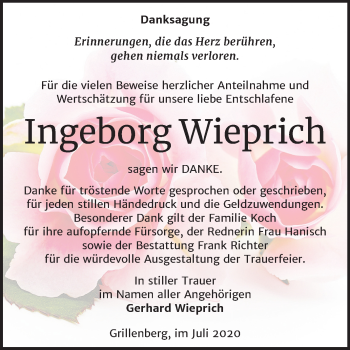 Traueranzeige von Ingeborg Wieprich von Super Sonntag Sangerhausen