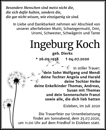 Traueranzeige von Ingeburg Koch von Mitteldeutsche Zeitung Mansfelder Land