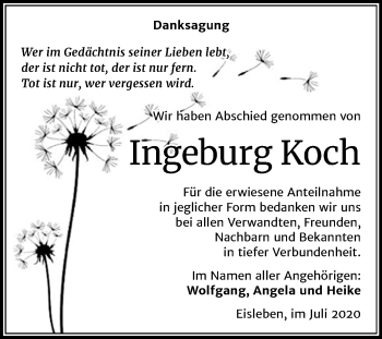 Traueranzeige von Ingeburg Koch von Wochenspiegel Mansfelder Land