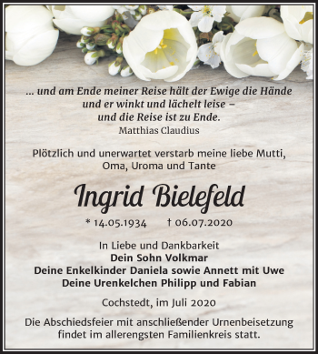 Traueranzeige von Ingrid Bielefeld von Mitteldeutsche Zeitung Bernburg