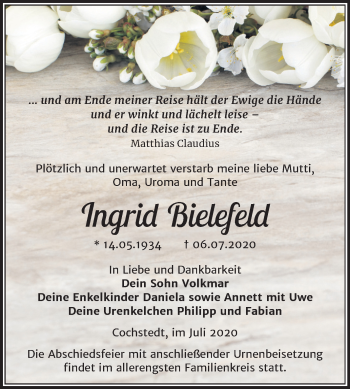 Traueranzeige von Ingrid Bielefeld von Super Sonntag Aschersleben