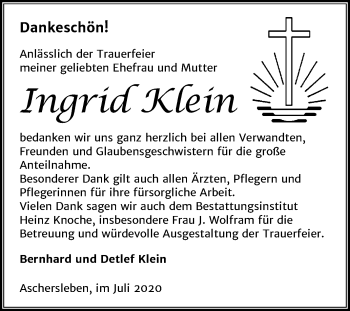 Traueranzeige von Ingrid Klein von Super Sonntag Aschersleben