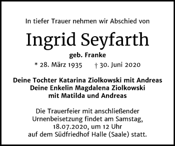 Traueranzeige von Ingrid Seyfarth von Mitteldeutsche Zeitung Halle/Saalkreis