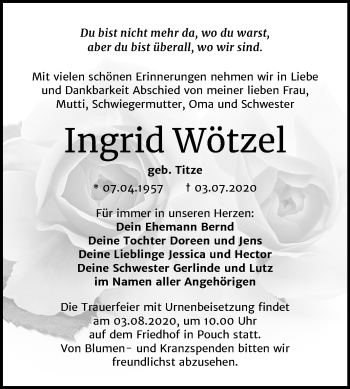 Traueranzeige von Ingrid Wötzel von Mitteldeutsche Zeitung Bitterfeld