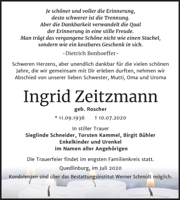 Traueranzeige von Ingrid Zeitzmann von Mitteldeutsche Zeitung Quedlinburg