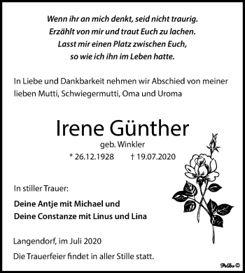 Traueranzeige von Irene Günther von Mitteldeutsche Zeitung Weißenfels