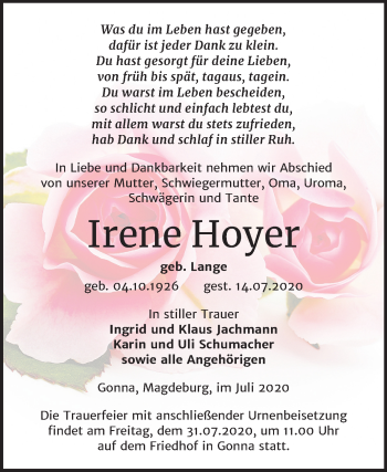 Traueranzeige von Irene Hoyer von Mitteldeutsche Zeitung Sangerhausen