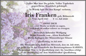 Traueranzeige von Iris Franken von Mitteldeutsche Zeitung Quedlinburg