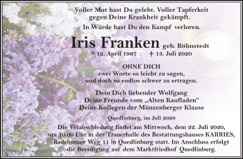 Traueranzeige von Iris Franken von Super Sonntag Quedlinburg