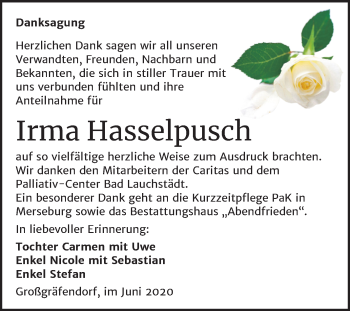 Traueranzeige von Irma Hasselpusch von Super Sonntag Merseburg/Querfurt