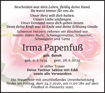 Traueranzeige von Irma Papenfuß von Mitteldeutsche Zeitung Wittenberg