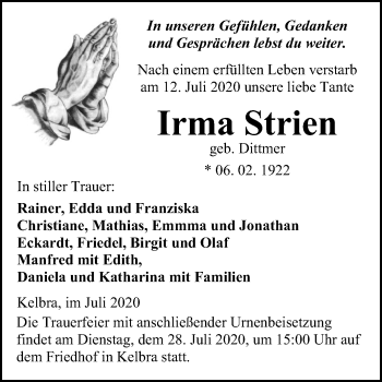 Traueranzeige von Irma Strien von Mitteldeutsche Zeitung Sangerhausen