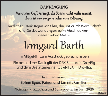 Traueranzeige von Irmgard Barth von Mitteldeutsche Zeitung Zeitz