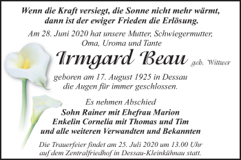 Traueranzeige von Irmgard Beau von Super Sonntag Dessau-Roßlau