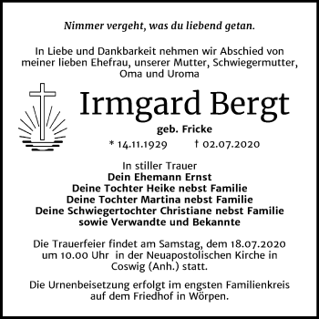 Traueranzeige von Irmgard Bergt von Mitteldeutsche Zeitung Wittenberg