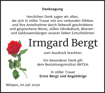 Traueranzeige von Irmgard Bergt von Super Sonntag Wittenberg