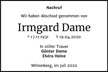 Traueranzeige von Irmgard Dame von Super Sonntag Wittenberg