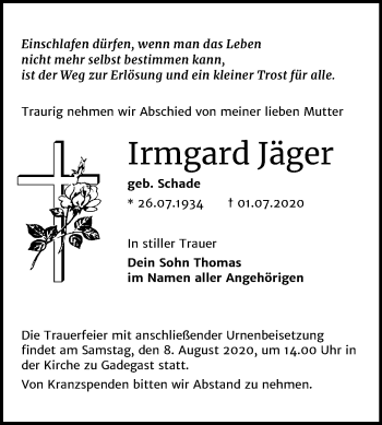 Traueranzeige von Irmgard Jäger von Super Sonntag Wittenberg