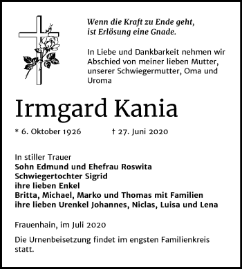 Traueranzeige von Irmgard Kania von Mitteldeutsche Zeitung Zeitz