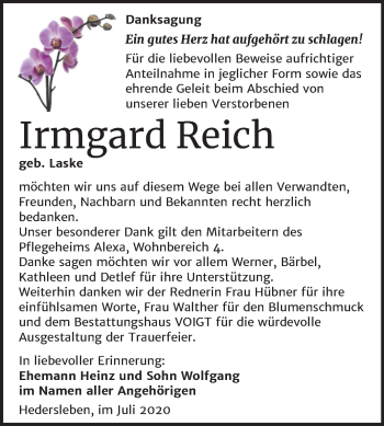 Traueranzeige von Irmgard Reich von Super Sonntag Mansfelder Land