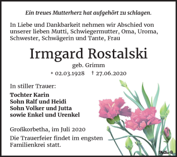 Traueranzeige von Irmgard Rostalski von Mitteldeutsche Zeitung Weißenfels