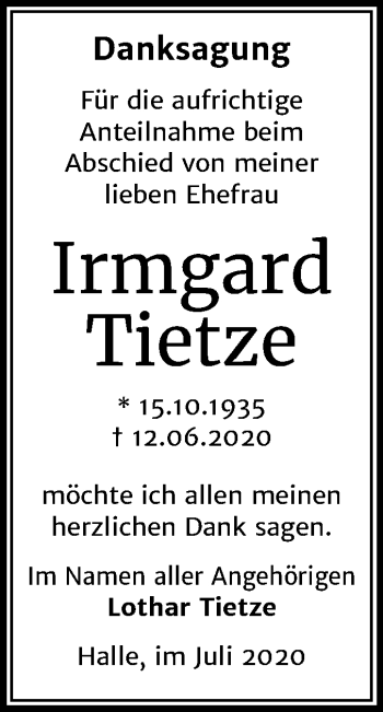 Traueranzeige von Irmgard Tietze von Mitteldeutsche Zeitung Halle/Saalkreis