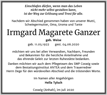 Traueranzeige von Irmgard Magarete Ganzer von Super Sonntag Wittenberg