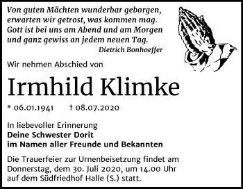 Traueranzeige von Irmhild Klimke von Mitteldeutsche Zeitung Halle/Saalkreis